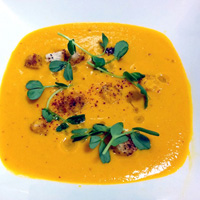 Carrot Ginger Soup with Curry and Espelette Pepper Croutons