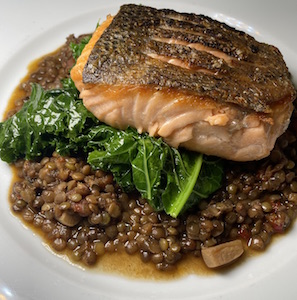 seared salmon lentils and kale