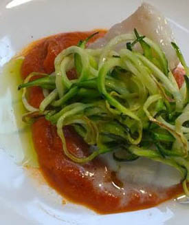 butter_poached_monkfish_red_pepper_sauce_zucchini_spaghetti